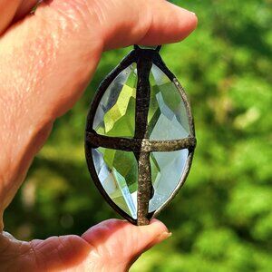 Oval Faceted Clear Glass Pendant Soldered Cross 1.25 x 2.25 Inch Religious Holy